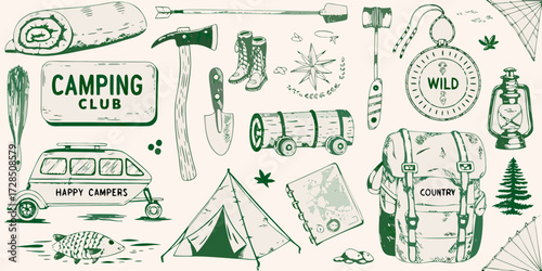 Collection of hand drawn camping equipment and outdoor adventure icons in a charming sketch style