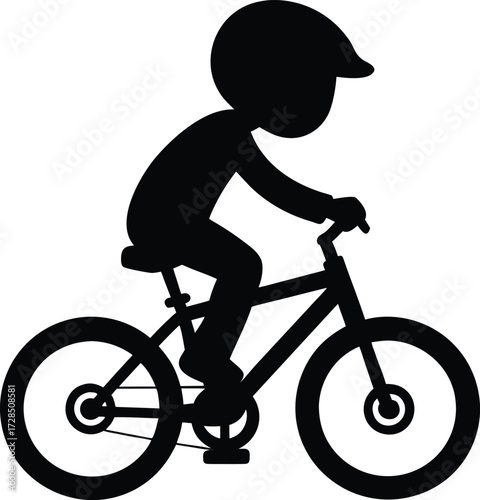 Black silhouette of a child riding a bicycle wearing a helmet vector.
