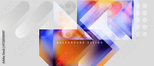Abstract geometric shapes, vibrant colors blend. Modern design elements create dynamic composition. Background features gradients, soft shadows.