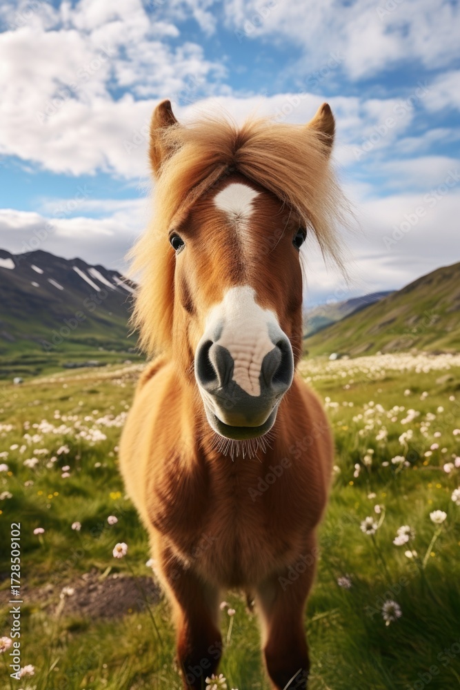 Fototapeta premium Cute horse on a meadow with flowers