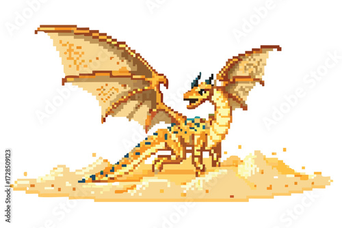 Sand Dragon Pixel Art Guardian Sprite. Desert Overworld Monster for RPGs