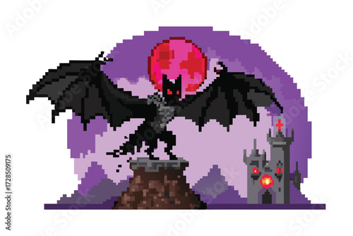 Shadow Dragon Pixel Art Boss Sprite. Dark Gothic Monster for RPG Dungeons