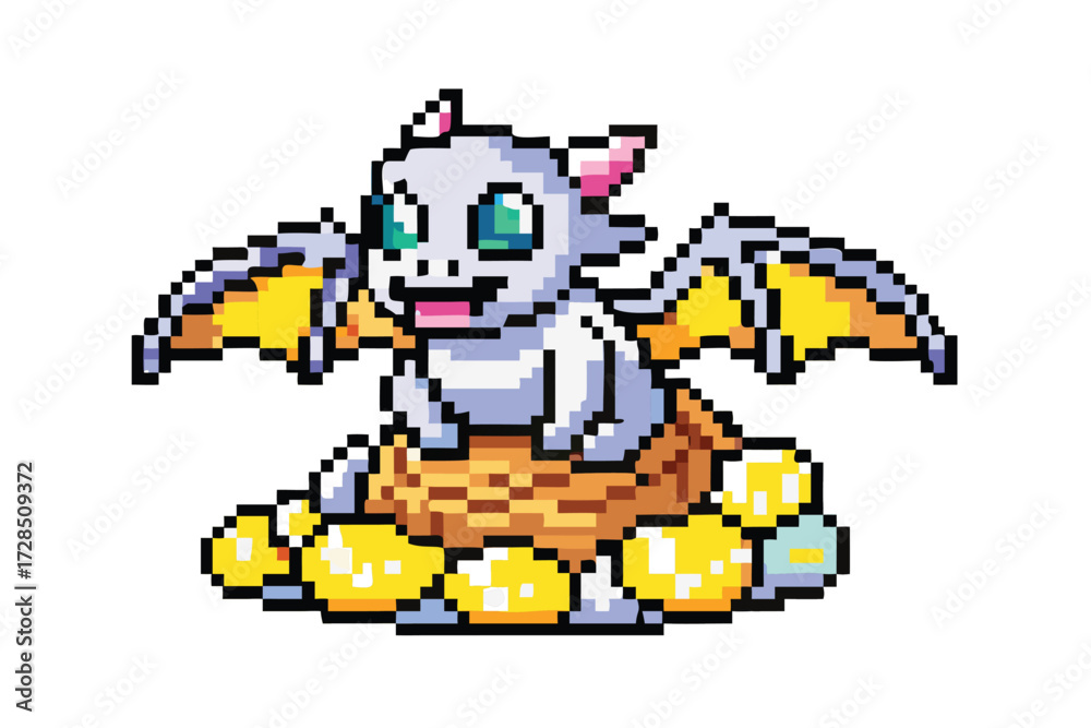 Obraz premium Cute Baby Dragon Pixel Art Pet Companion. Collectible RPG Character Sprite