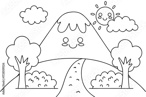 Happy cartoon mountain with sun clouds trees and a path for coloring Keywords: cartoon, mountain, sun, clouds, trees, path, nature, landscape
