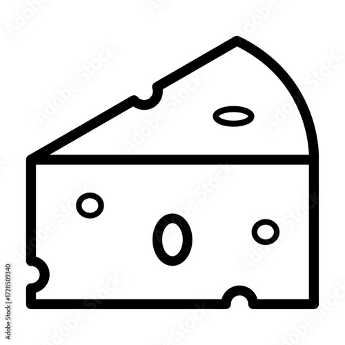 "Vector illustration of a cheese slice icon in simple outline style. Clean and modern design representing dairy, food, cooking, and nutrition."
