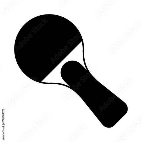 "Vector illustration of a single table tennis paddle icon in black silhouette style. Simple design symbolizing sport, recreation, and indoor games."