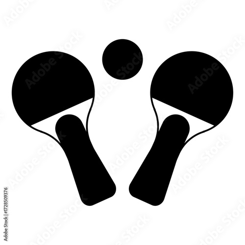 "Vector illustration of two table tennis paddles with a ball. Simple and modern design symbolizing sport, recreation, competition, and leisure activity."