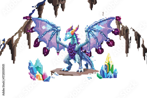 Crystal Dragon Pixel Art Boss Sprite. Legendary Treasure Guardian for RPGs