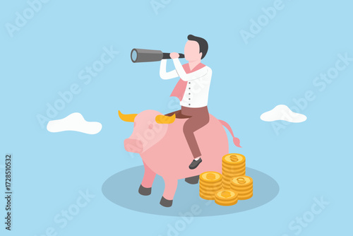 Businessman riding a bull with a spyglass looking for future financial growth and opportunities