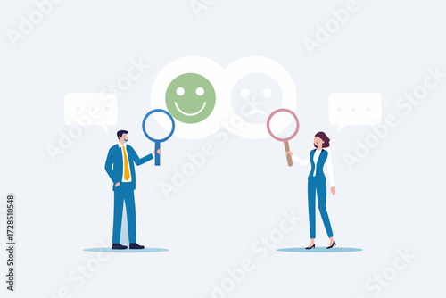 Business people analyzing customer feedback with magnifying glasses showing happy and sad faces