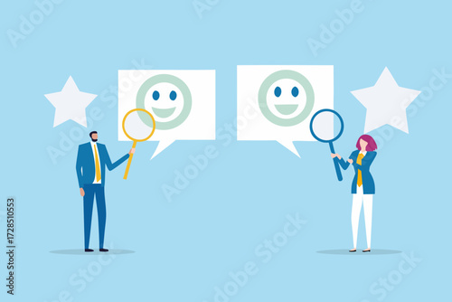 Two business people examining customer feedback using magnifying glasses and smiley face icons in speech bubbles