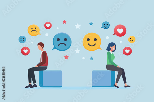Man and woman sitting apart with contrasting emotions and social media icons floating around them