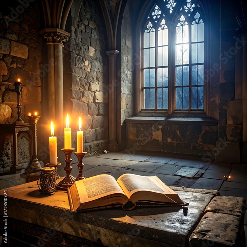Ancient chapel with open book and candles