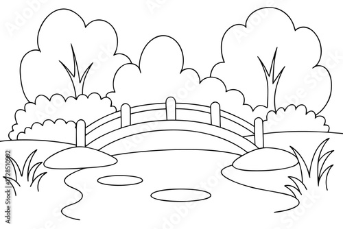 Simple cartoon outline of a garden bridge over a pond with trees and bushes park nature