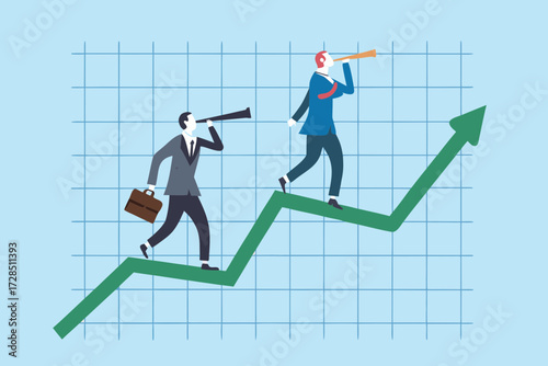 Two businessmen with telescopes walking on an upward trending green arrow graph against a blue grid background symbolizing growth and future vision