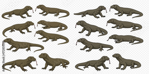 Multiple cartoon Komodo dragons with flicking tongues arranged in a repeating pattern on a transparent background.