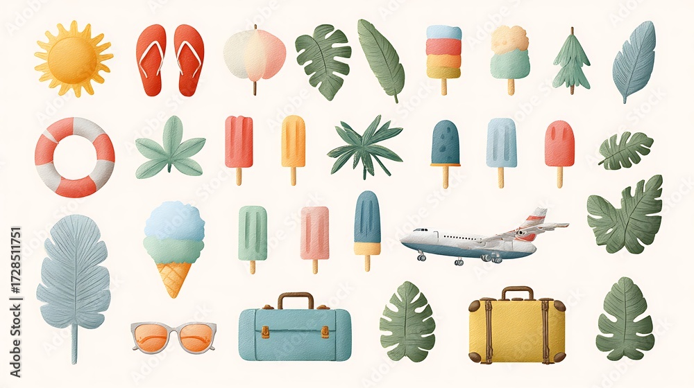 set of different kinds of different shapes of summer icons