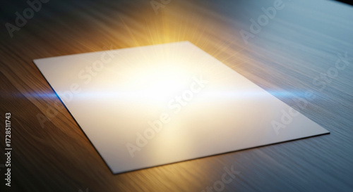 A blank white paper on a textured desk with glowing light emerging from its center, symbolizing new beginnings, imagination, and potential.