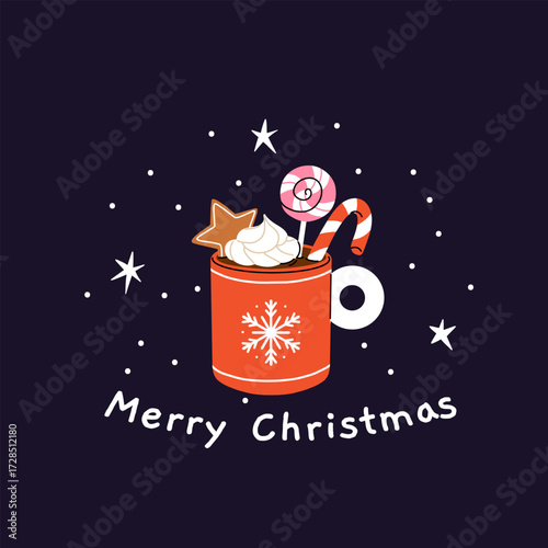 Christmas and Happy New Year greeting card. Mug and cup of hot coffee, punch, cacao with whipped cream, marshmallow and candy cane. Poster or cover design for Xmas, New year or winter holidays