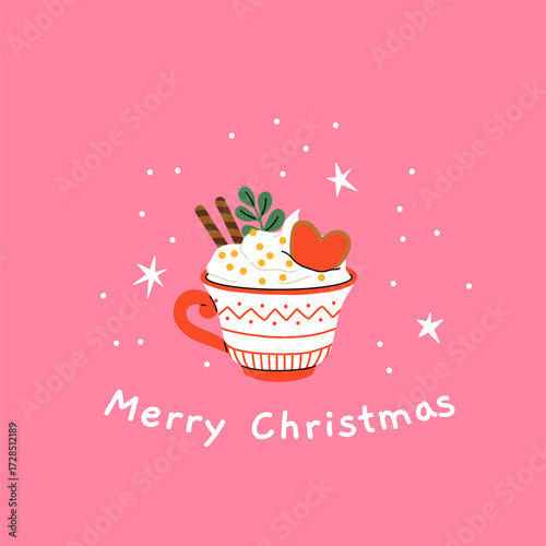 Christmas and Happy New Year greeting card. Mug and cup of hot coffee, punch, cacao with whipped cream, marshmallow and candy cane. Poster or cover design for Xmas, New year or winter holidays