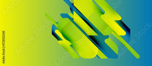 Abstract geometric shapes overlap, creating vibrant gradients. Yellow transitions into blue, suggesting movement, depth. Modern design elements present.