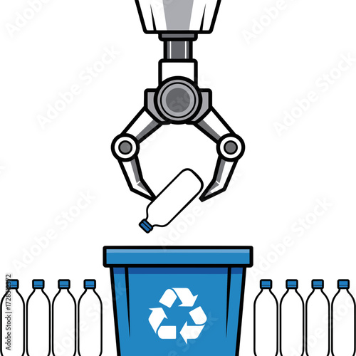 A robotic arm sorts plastic bottles for recycling, illustrating automated waste management technology