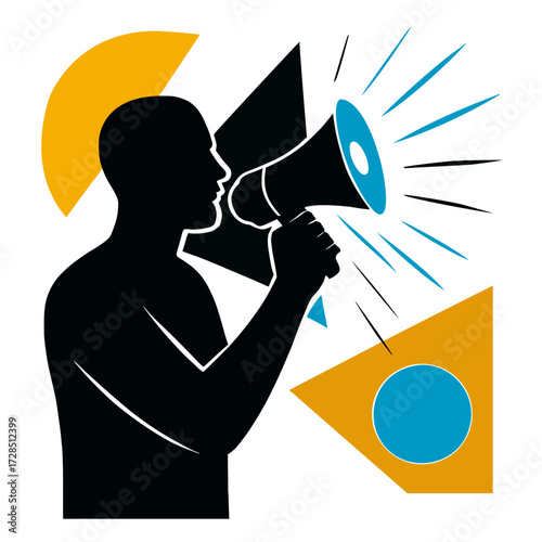 Activist Using Megaphone in Urban Setting, Vector Graphic Design