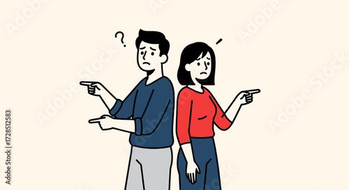 Confused Couple Pointing Fingers In Different Directions Blaming Each Other