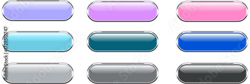 Shiny buttons set, glossy isolated icons with metallic chrome frames.