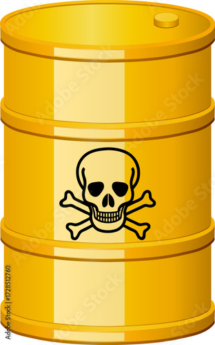Yellow hazardous waste barrel icon with poison warning symbol with skull.