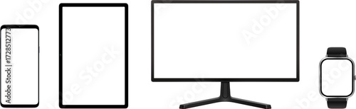 Monitor, smartphone, tablet and smartwatch device screen mockup isolated on white.