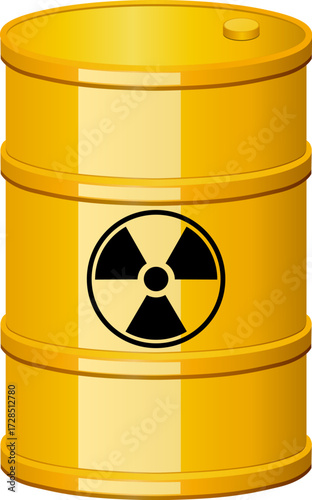 Yellow hazardous waste barrel icon with radioactive warning symbol.