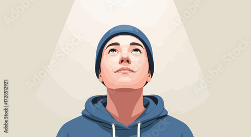 Vector Portrait Of A Young Man Looking Upward With Optimism