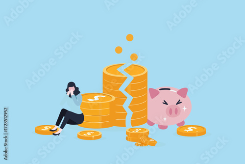 Woman sitting on coins looking distressed next to a broken stack of money and a sad piggy bank