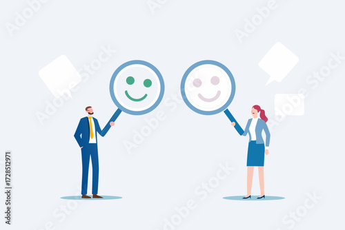 Business people examining customer satisfaction with magnifying glasses and speech bubbles