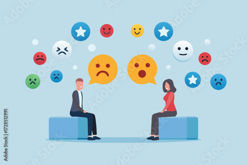 Diverse customer feedback and emotions represented by emojis and people in a conversation
