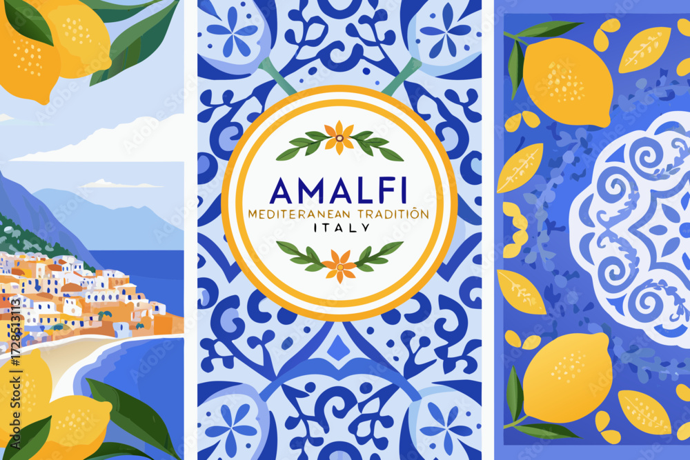 Amalfi coast italy mediterranean tradition with lemons and blue tiles illustration