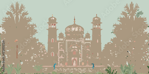 Stylized illustration of a grand indian monument with mughal architecture surrounded by lush trees and peacocks