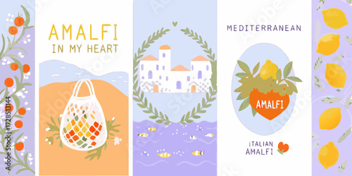 Amalfi coast mediterranean travel art with lemons oranges and coastal village scenes