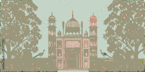 Stylized mughal architecture with peacocks and trees in a muted color palette