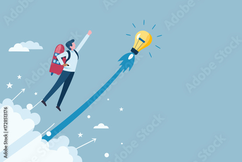 Man with jetpack flies towards a glowing lightbulb rocket representing a new idea and innovation