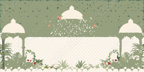 Tranquil indian garden pavilion with lush foliage and floral accents under a patterned sky