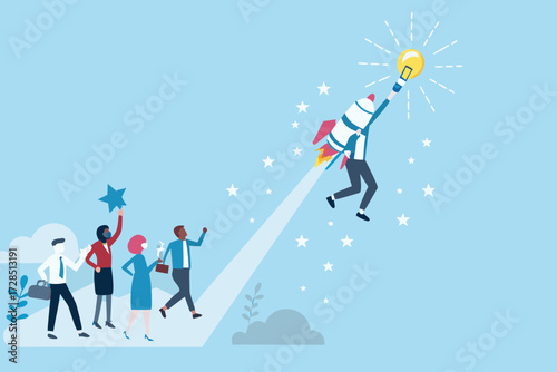 Diverse business team celebrates as one person launches into the sky on a rocket towards a bright idea lightbulb