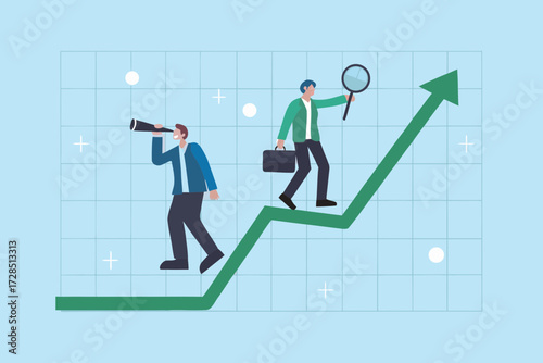 Two businessmen climbing an upward trending green graph with a telescope and magnifying glass representing growth and analysis