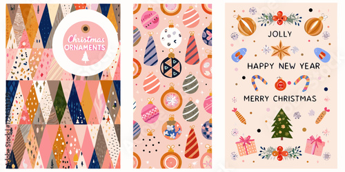 Collection of festive christmas and new year greeting cards with abstract patterns and ornaments