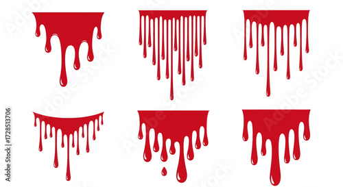 An assortment of six macabre vector graphics depicts stylized blood oozing and dripping in various lengths and thicknesses.