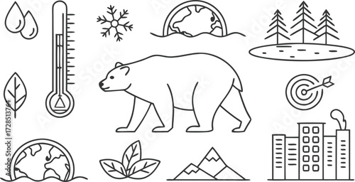 Iconographic collection illustrating climate change impacts, polar bear, melting earth, and industrial pollution for environmental awareness campaigns and educational materials.