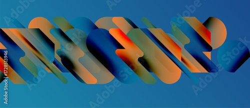 Abstract composition. Overlapping shapes create dynamic visual rhythm. Blue background emphasizes warm color contrasts. Modern design.