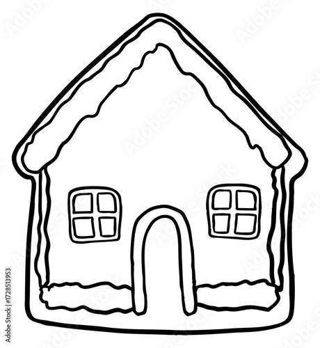Outline Cartoon Cute Gingerbread House Cookie Doodle Style