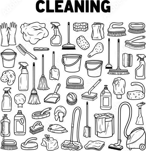 Hand-drawn outline icon set of various cleaning tools and supplies including mops, brooms, buckets, sponges, sprays, and brushes for domestic house cleaning services.